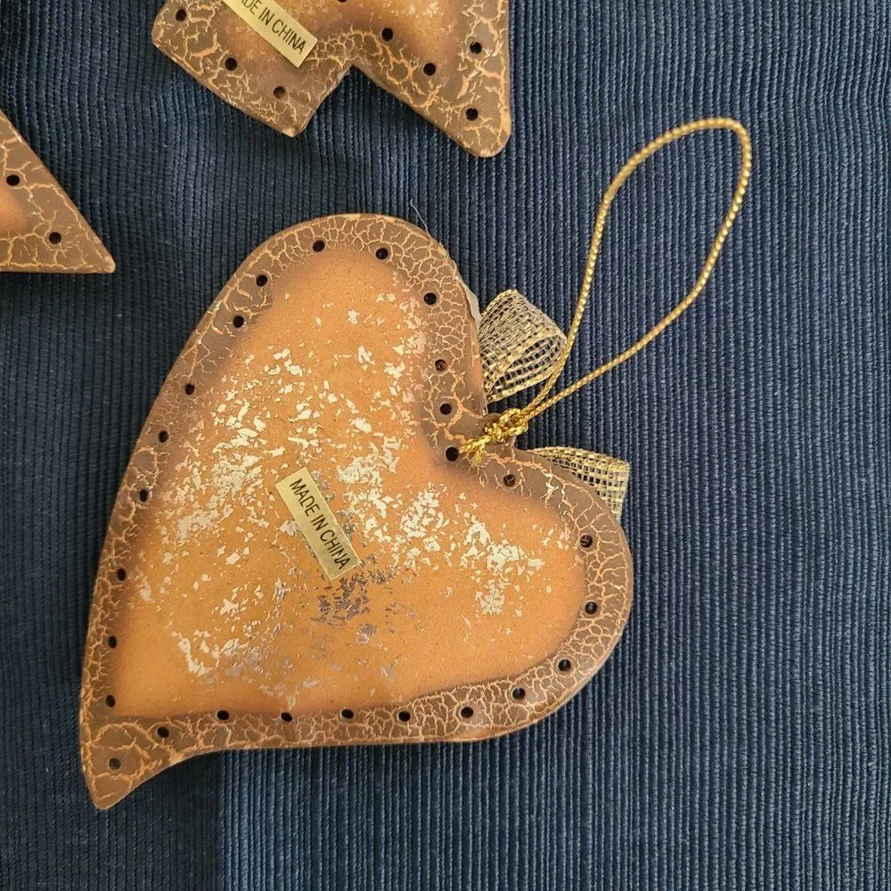 Vintage Textured Metal Holiday Christmas Tree Star Heart Ornaments Set Of Three